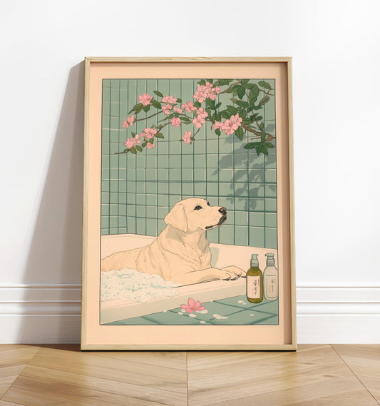 Labrador in Bathtub Art Print: Ukiyo-e Japanese Dog Decor