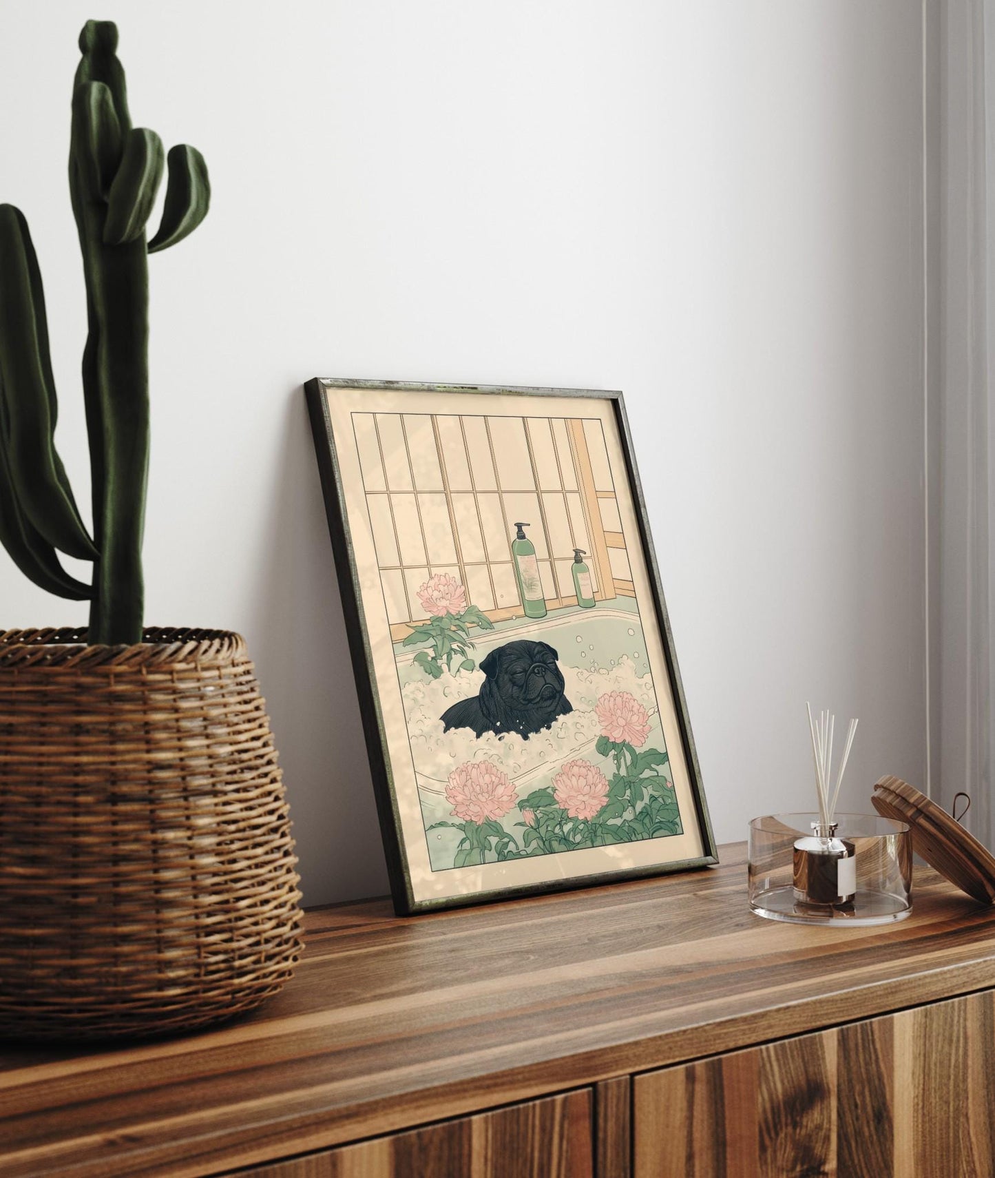Black Pug Bathroom Print: Kawaii Japandi Ukiyo-e Dog Art