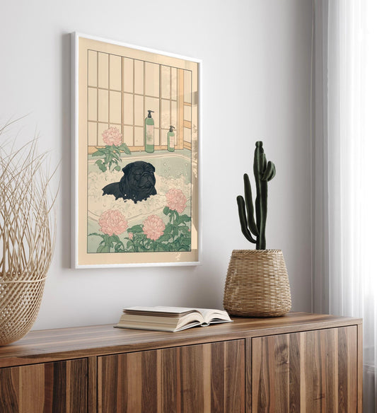 Black Pug Bathroom Print: Kawaii Japandi Ukiyo-e Dog Art