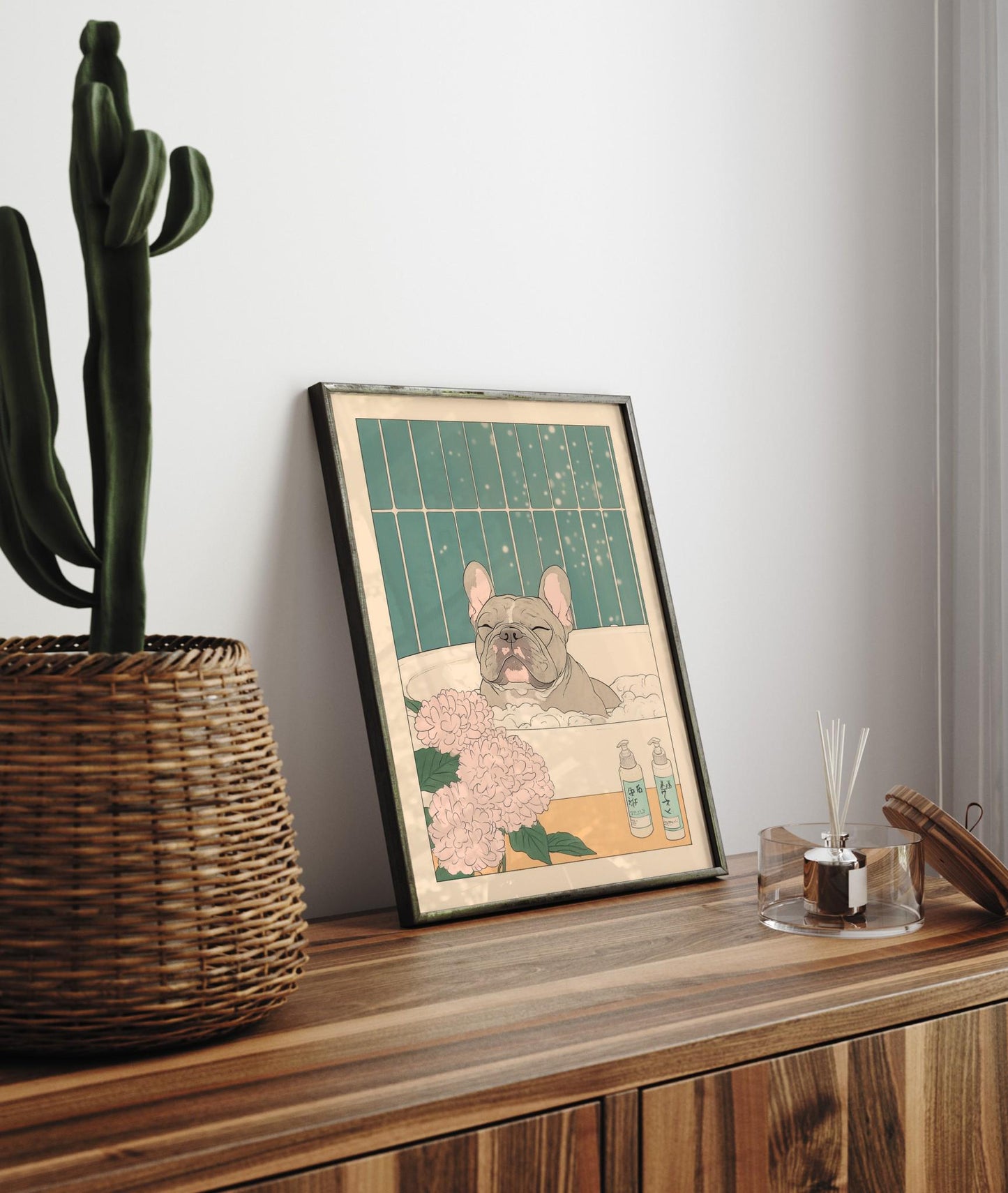 French Bulldog Bathroom Print: Japanese Ukiyo-e Art, Neutral Decor