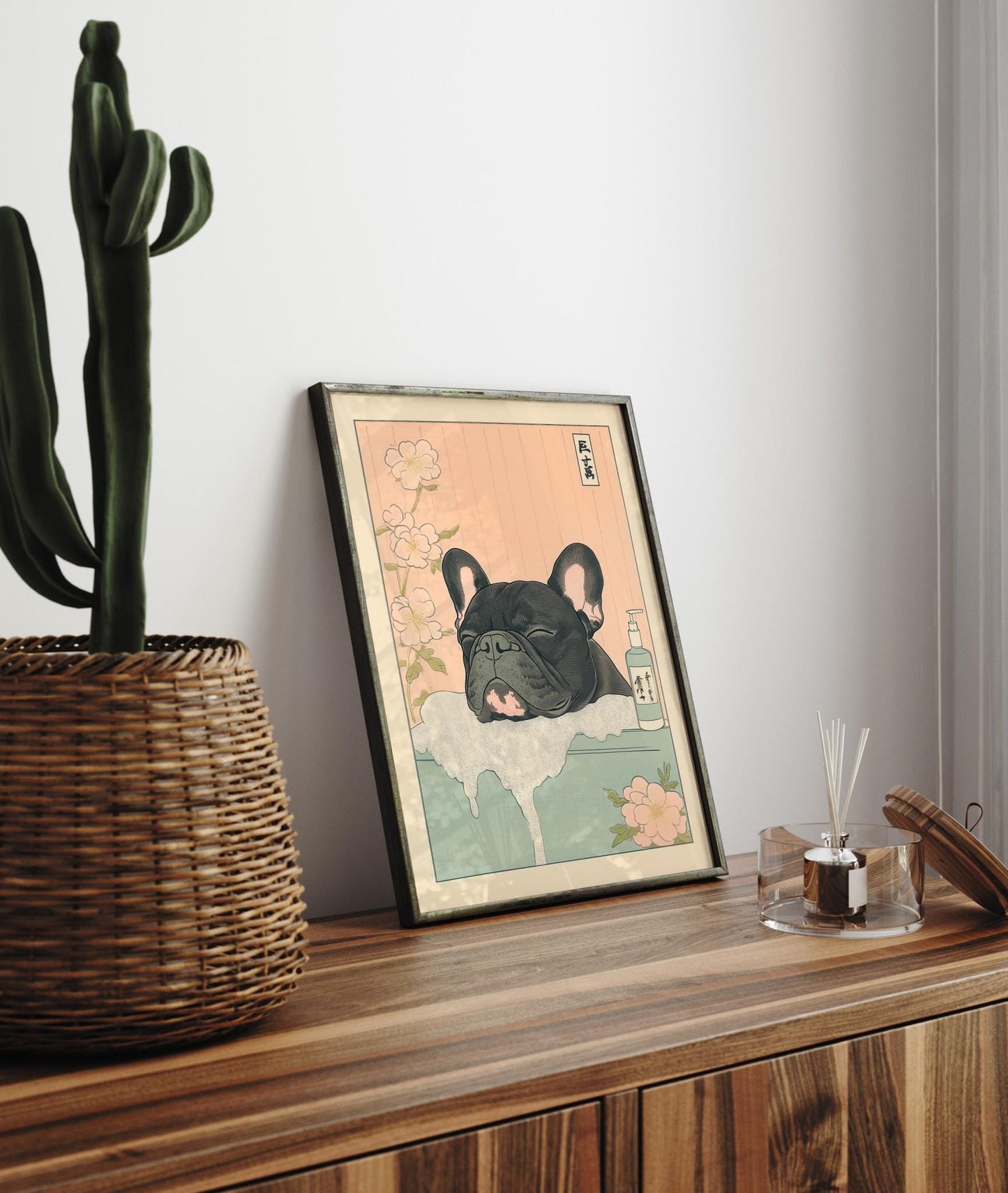 Black French Bulldog Bathroom Print: Japandi Ukiyo-e Dog Art
