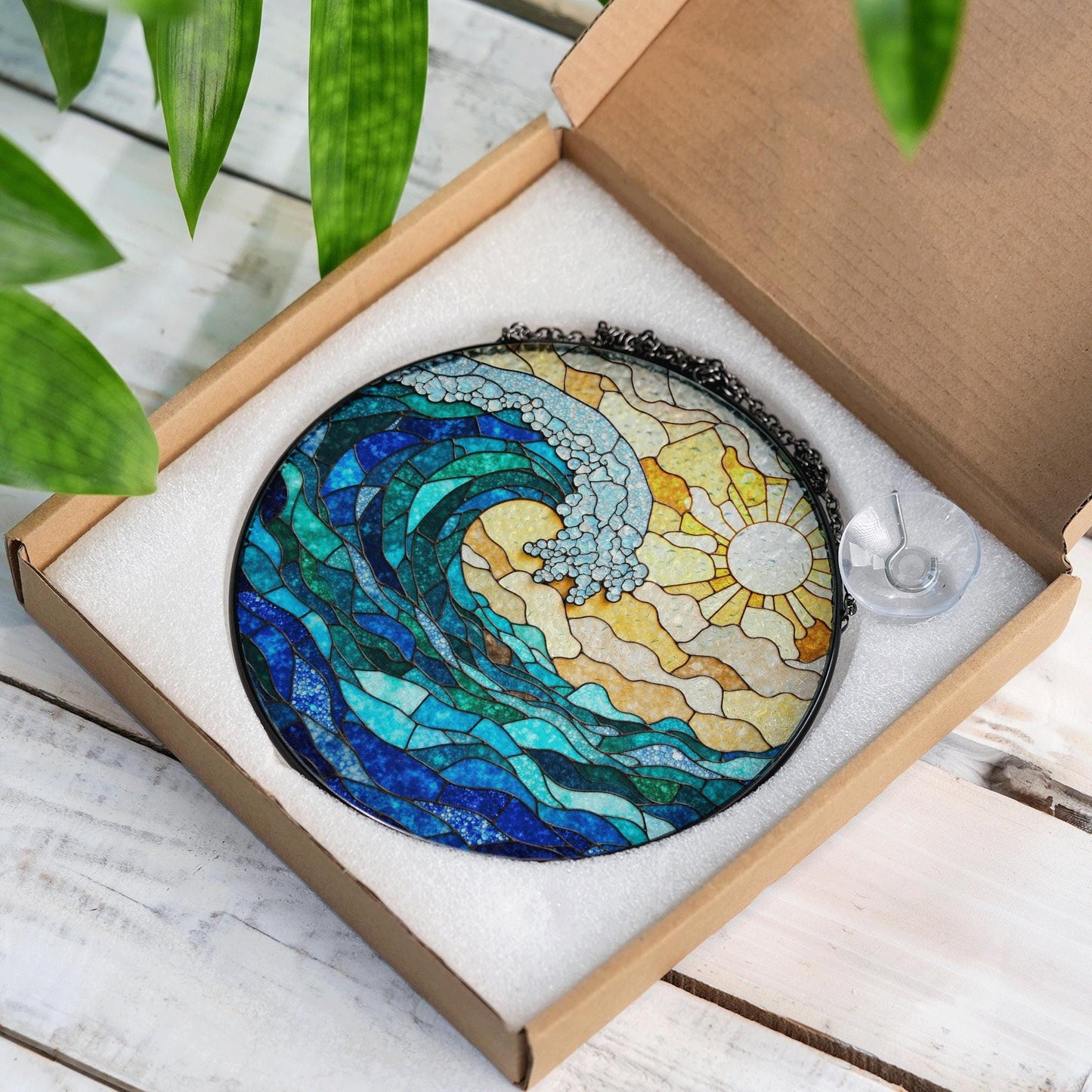 Ocean Wave Stained Glass Suncatcher Window Hanging Gift for Beach Lovers