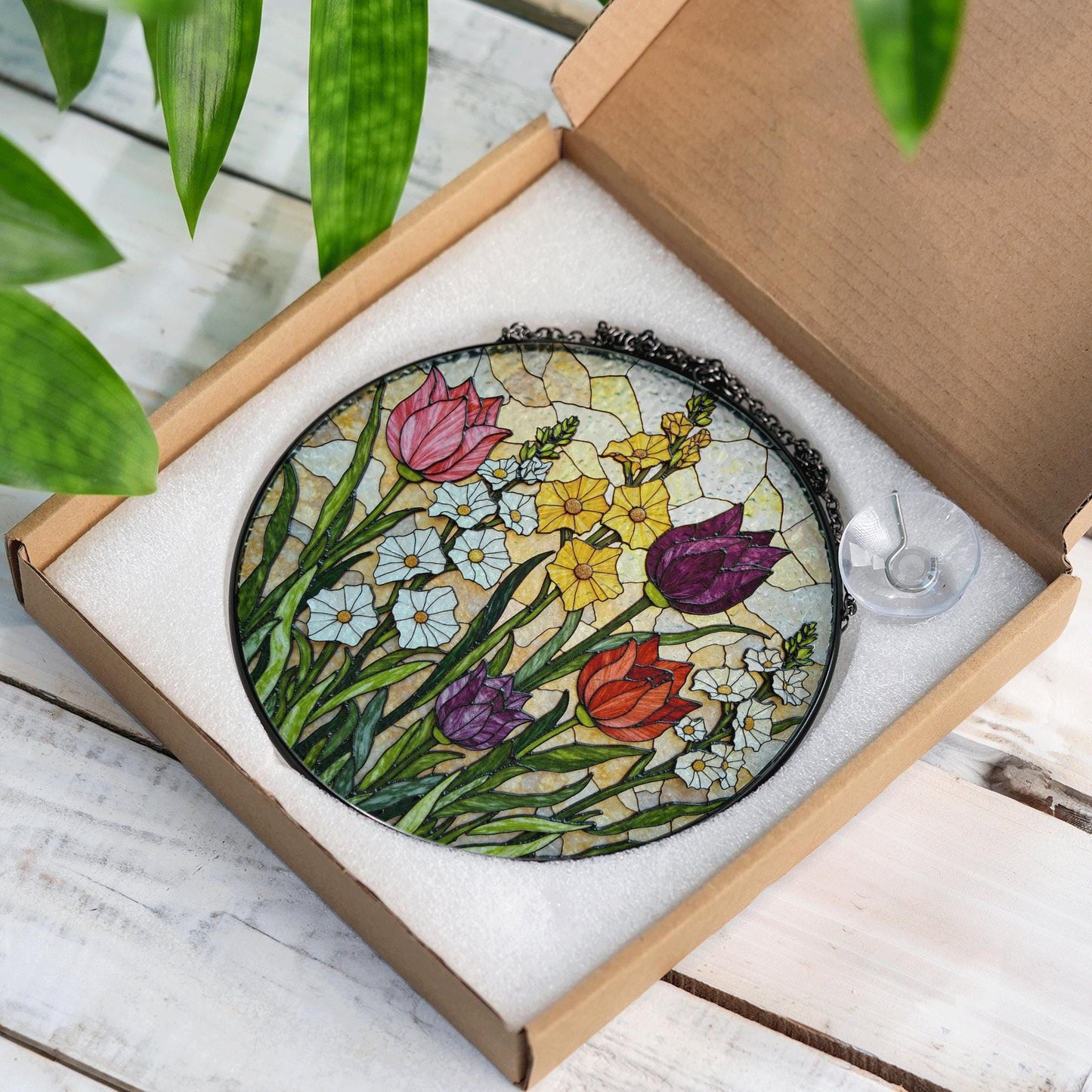 Stained Glass Tulip Floral Suncatcher Window Decor Gift for Mom Grandma