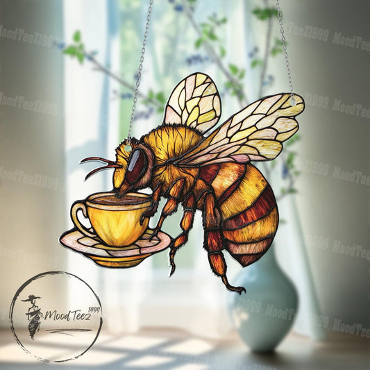 Bee with Coffee Cup Window Hanging, Handcrafted Mosaic with Fun Design, Unique Home Decor, Colorful Hanging Ornament, Decorative Window Art