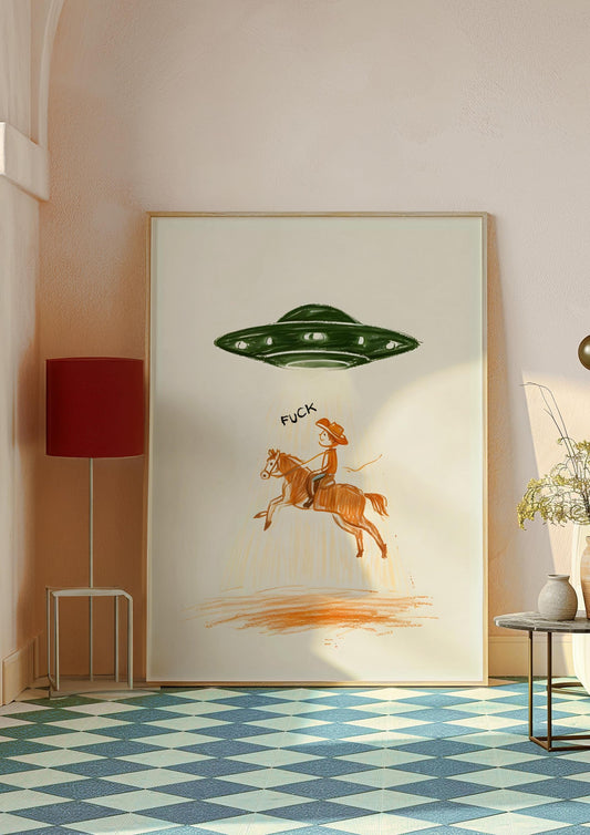 Cowboy UFO Poster Print, ufo cowboys, ufo poster print, ufo alien poster, ufos aliens posters, vintage shirt alien, vintage ufo aliens art