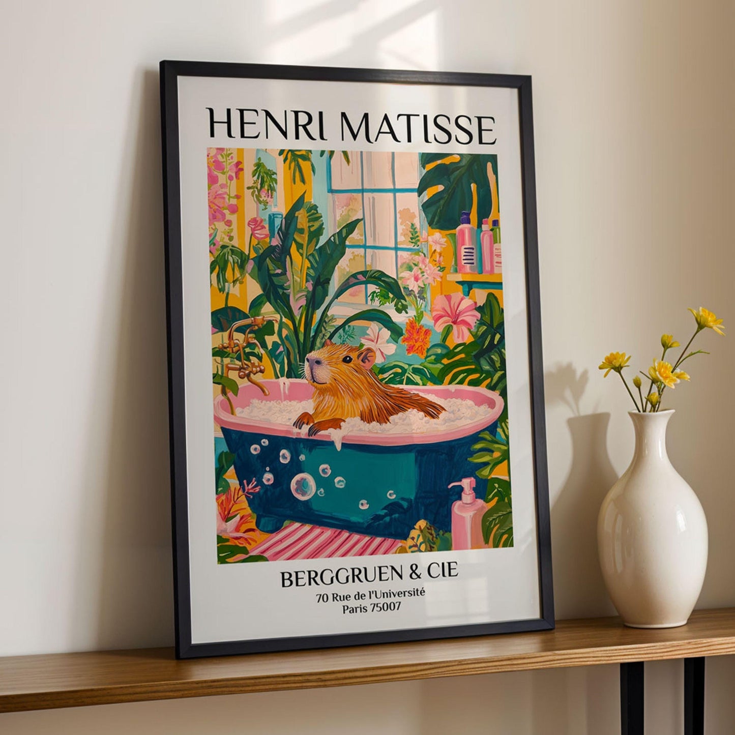 Capybara in Bathtub Print Tropical Pink Bathroom Wall Art Matisse Inspired Animal Poster Aesthetic Spa Decor for Home Wall Art