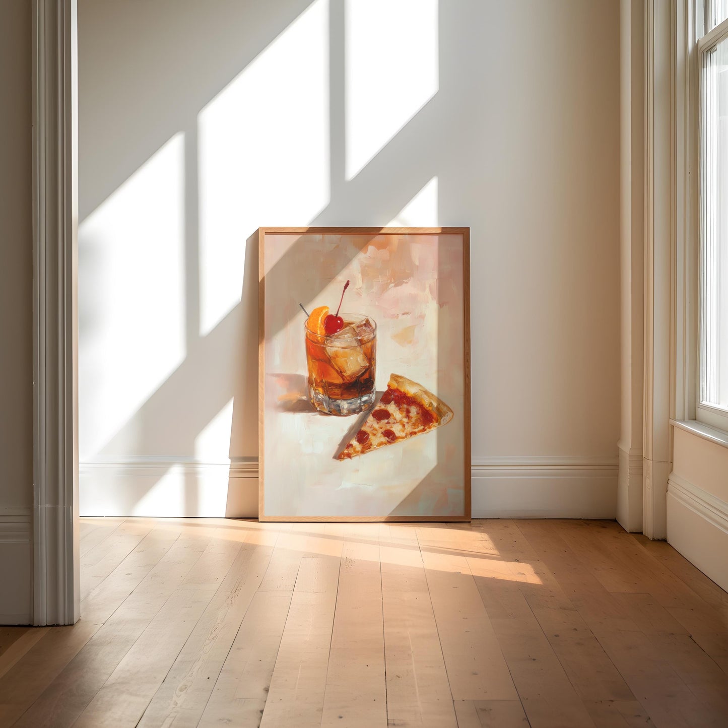 Old Fashioned Cocktail with Pizza Slice Art Print | Cute Quirky Whimsical | Cocktail Bar Cart Decor | Pizza Art Gift | Trendy Home Wall Art