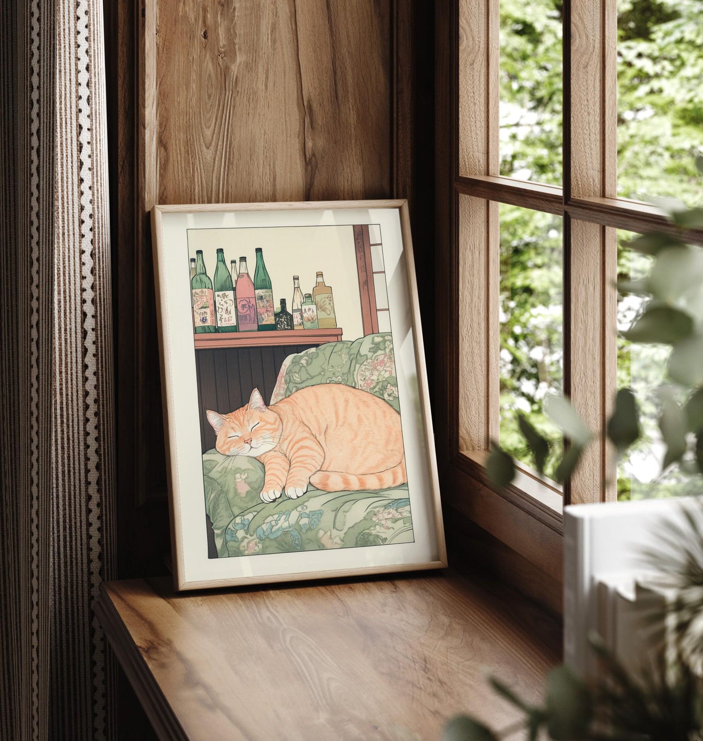 Sleeping Tabby Cat Print: Ukiyo-e Japanese Bedroom Wall Art