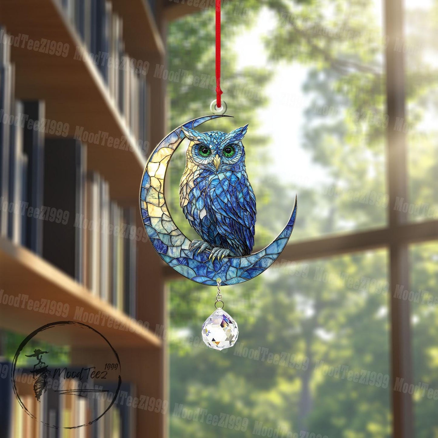 Owl on Crescent Moon Window Hanging with Crystal Charm, Acrylic Home Decor, Handmade Art, Gift for Owl Lovers