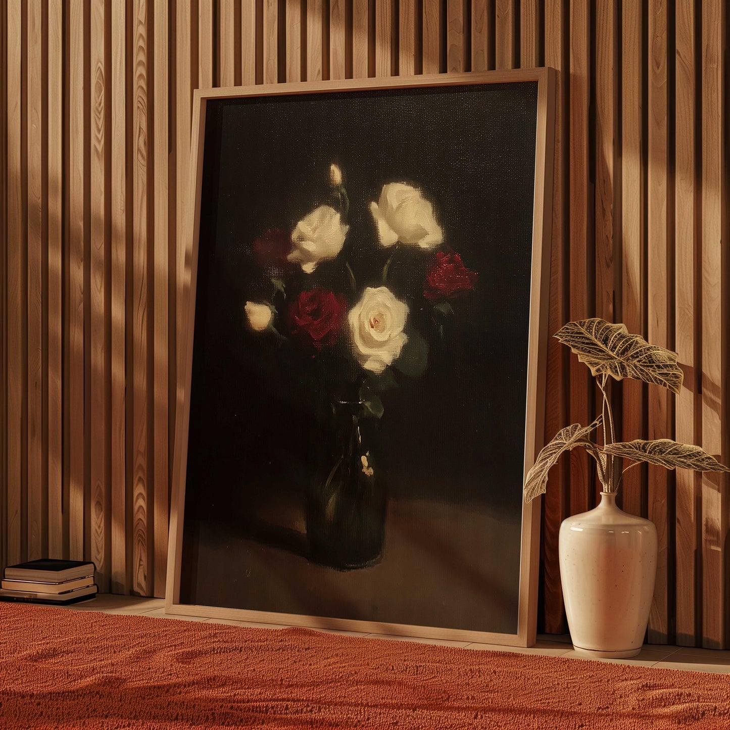 Vase of Roses Vintage Oil Painting Print Neutral French Styled Floral Bouquet Print Dark Gothic Botanical Illustration Farmhouse Chic Poster