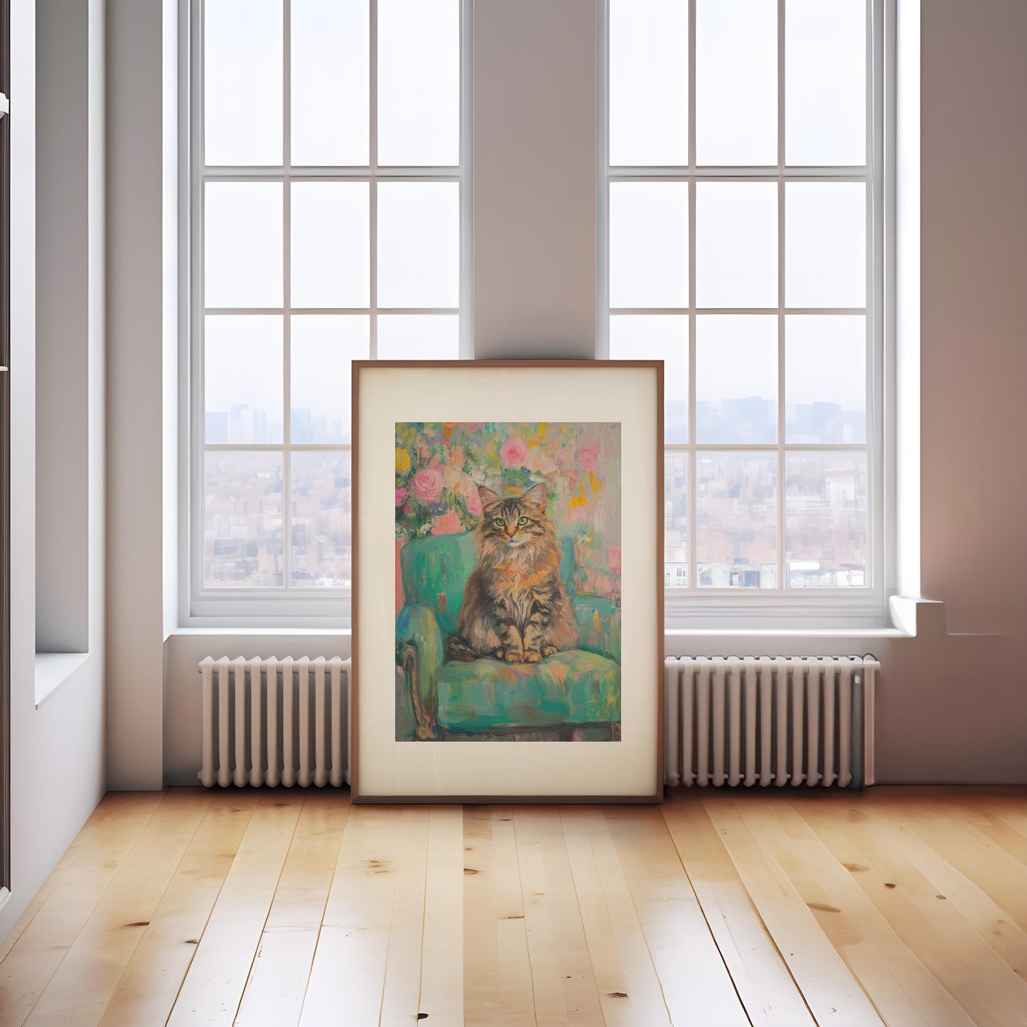 Siberian Cat Floral Art Print: Whimsical Retro Wall Decor