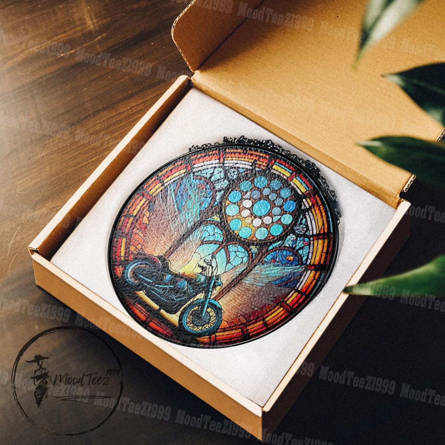 Motorcycle Stained Glass Window Hanging, Biker Angel Wings Suncatcher, Memorial Ride Decor, Unique Gift for Riders and Road Lovers