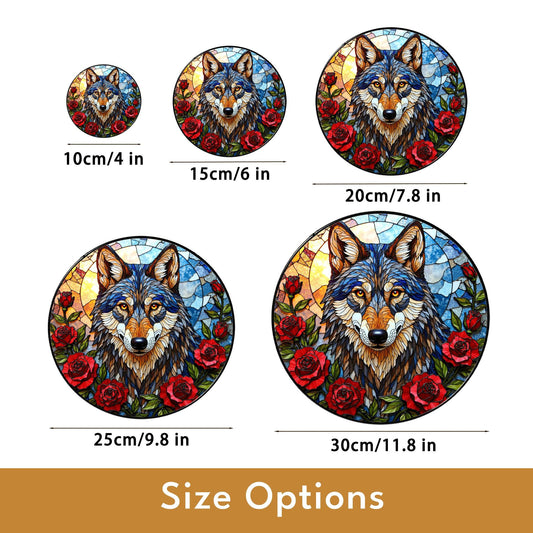 Wolf Stained Glass Suncatcher with Red Roses Animal Window Hanging Gift for Nature Lover