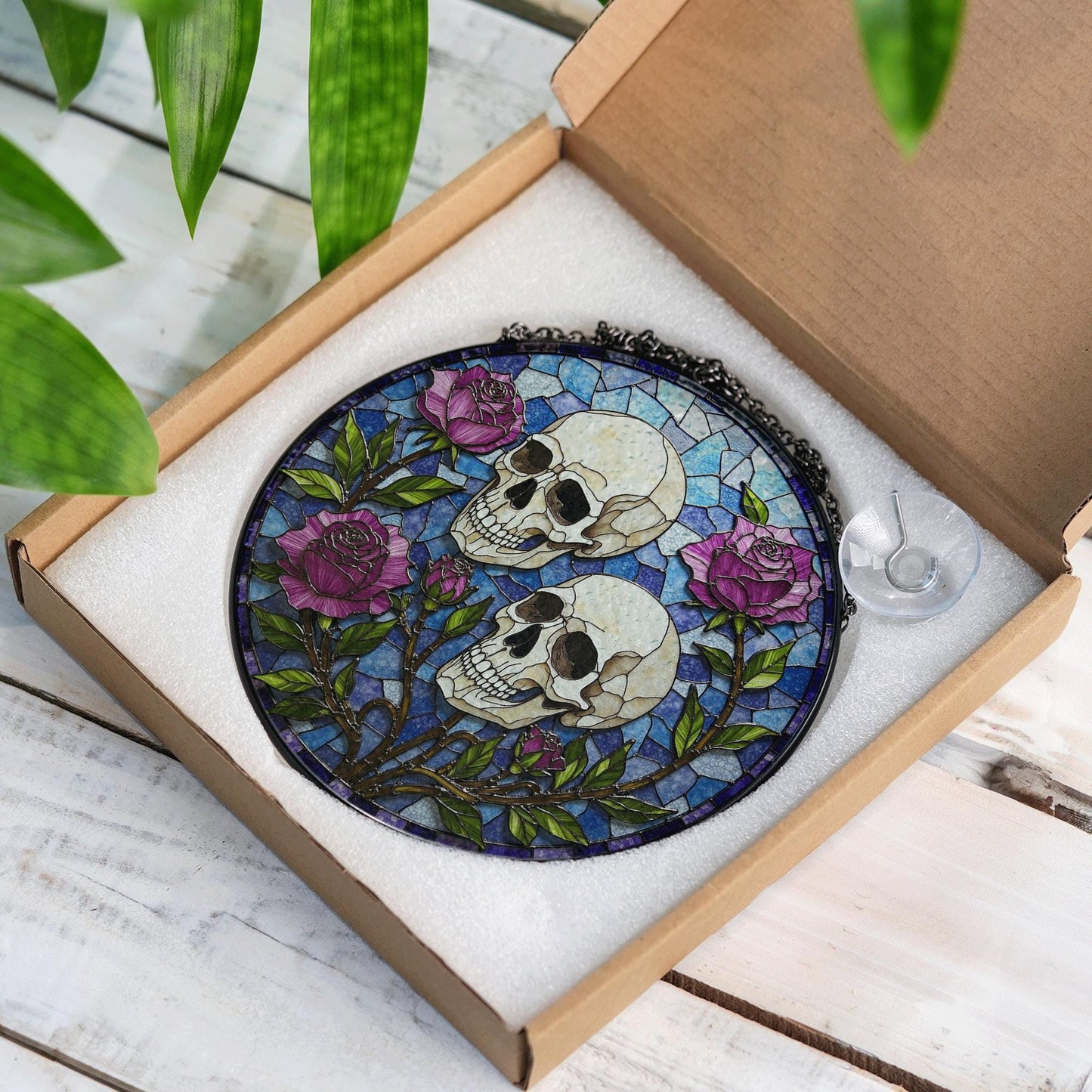 Skull Rose Stained Glass Suncatcher Gothic Window Decor Unique Gift for Alternative Friend