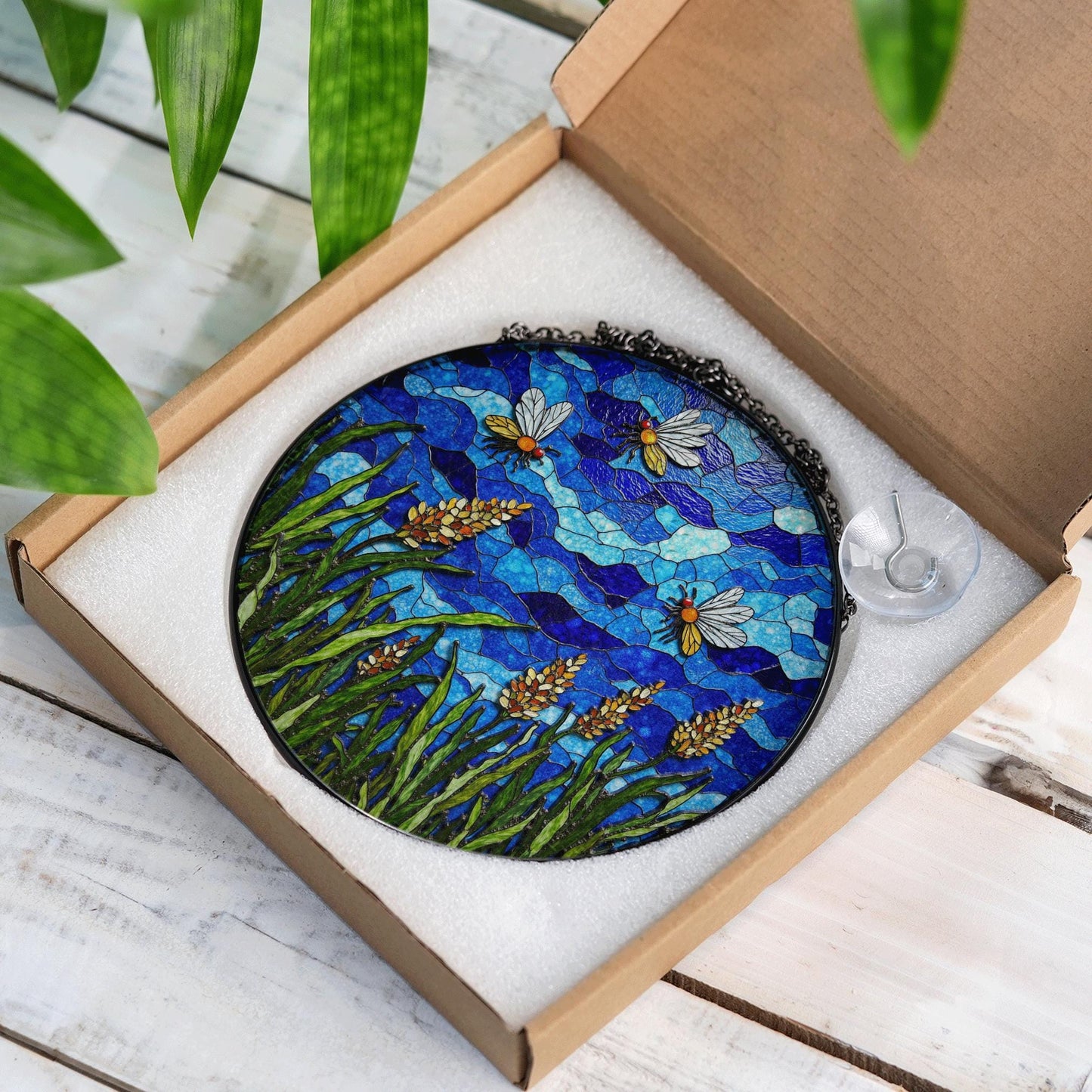 Bees and Wildflowers Blue Stained Glass Suncatcher Window Decor Gift for Nature Lover
