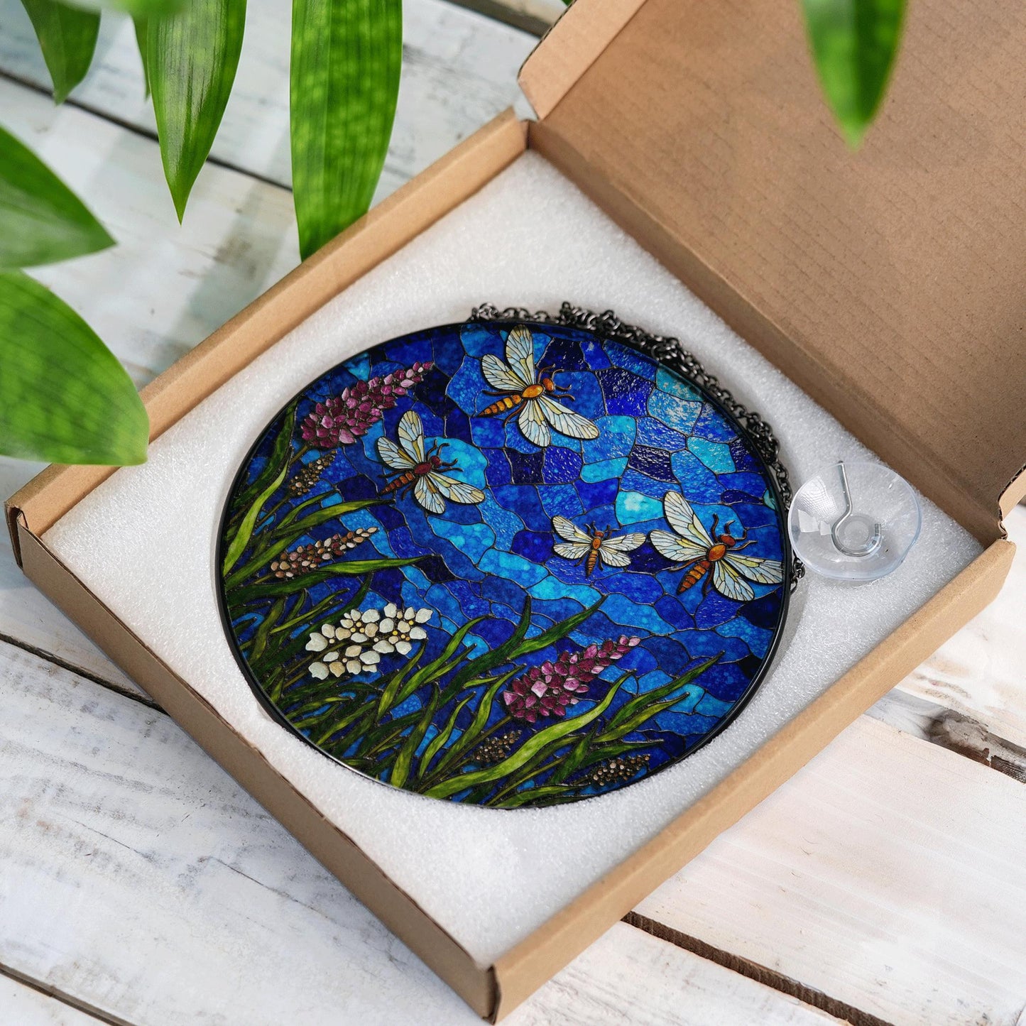 Blue dragonfly stained glass suncatcher with wildflowers summer window decor gift for nature lover