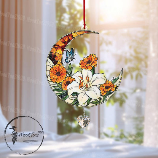 Floral Moon Window Hanging with Crystal, Acrylic Flower Decor, Light Reflecting Home Accent, Spring Floral Window Art, Gift for Her