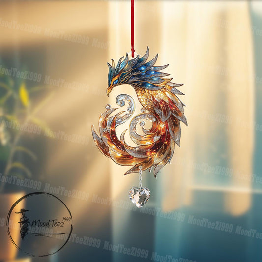 Phoenix with Crystal Window Hanging, Magical Phoenix Decor, Fire & Ice Fantasy Art, Mystical Bird Ornament, Unique Home Accent