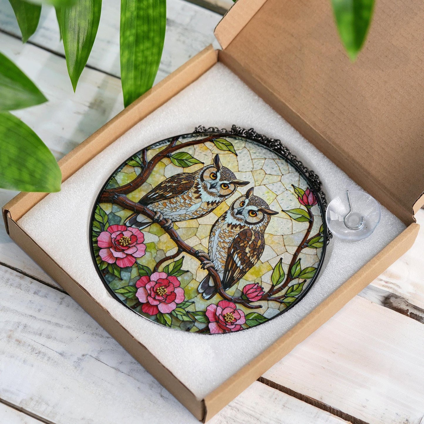 Two Owls on Flowering Branch Stained Glass Style Round Suncatcher Gift for Bird Lovers