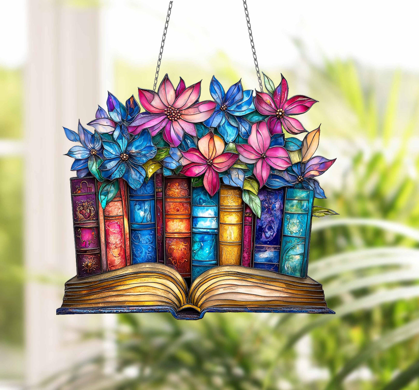 Floral Book ACRYLIC Window Hanging, Book Lover decor, Gift for her, Book Club Gift, Book Reader Gifts, Book Club Ornament Wall Art