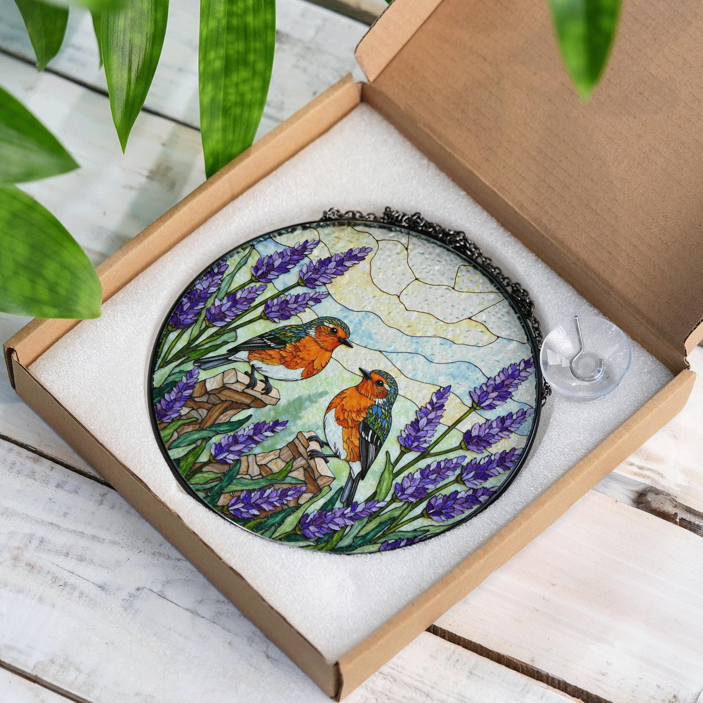 Two robins with lavender floral stained glass round suncatcher window hanging gift for mom