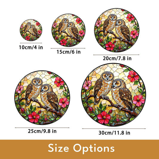 two owls on branch floral stained glass window hanging bird art gift for mom or grandma nature lovers