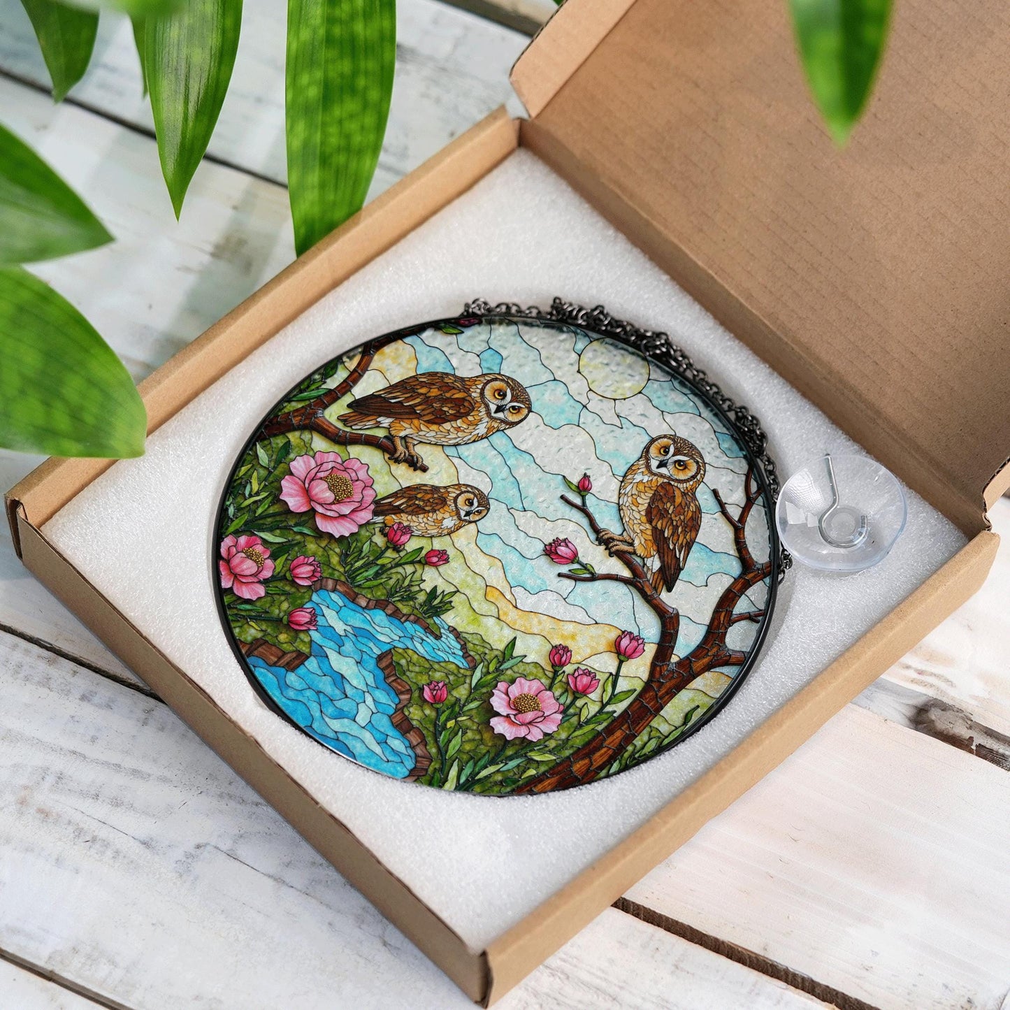 Three owls on branches forest creek scene stained glass suncatcher woodland window decor gift for grandma