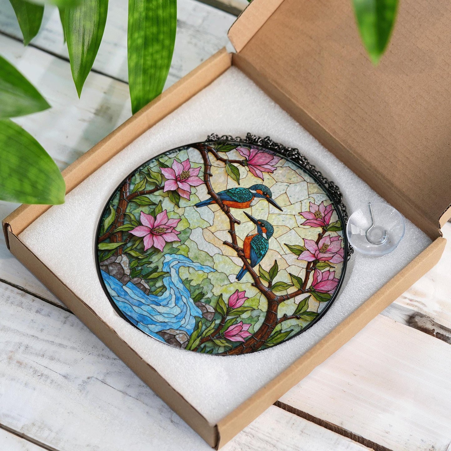 kingfishers on branch stained glass suncatcher bird window decor gift for bird lovers