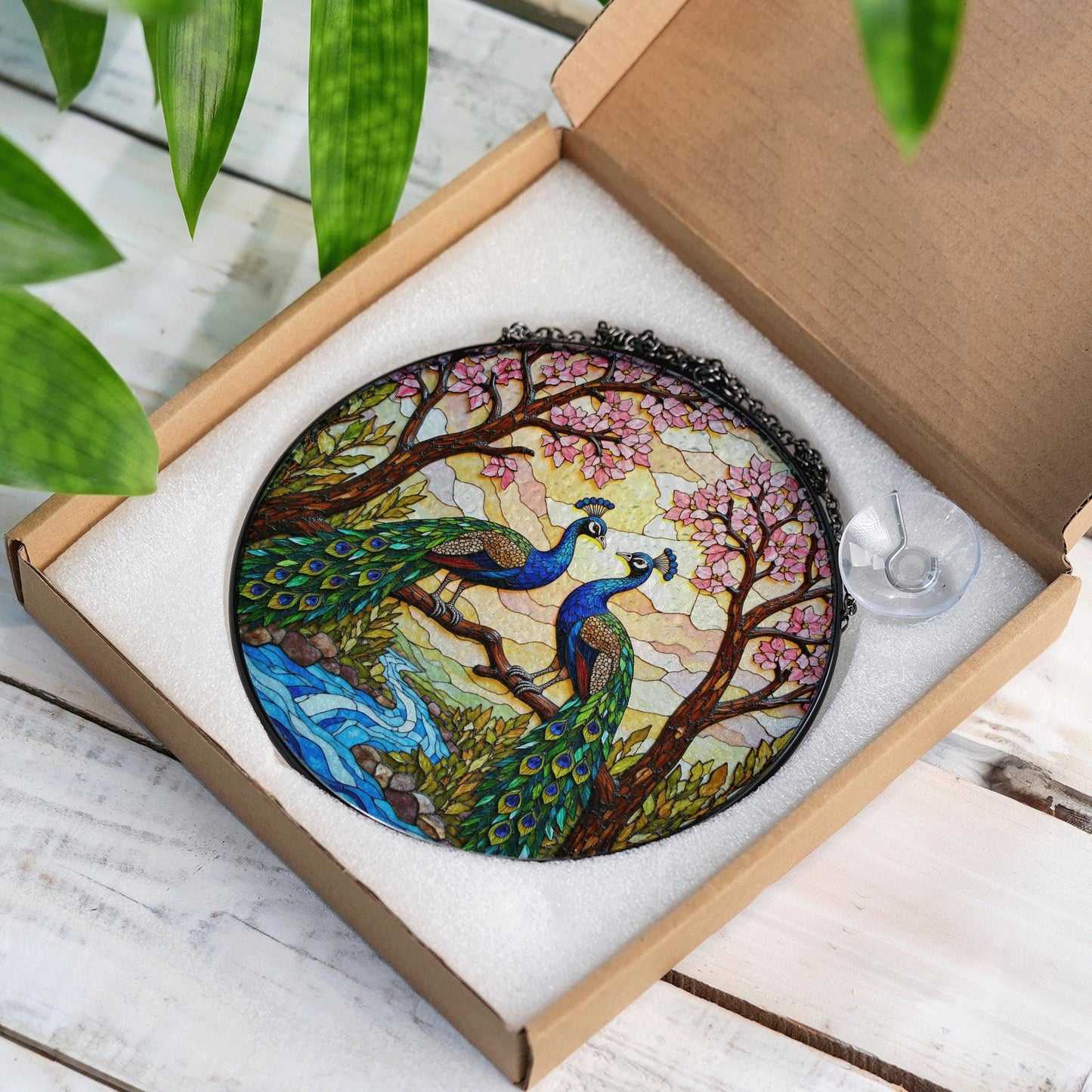 two peacocks on branch stained glass window hanging peacock suncatcher gift for bird lover