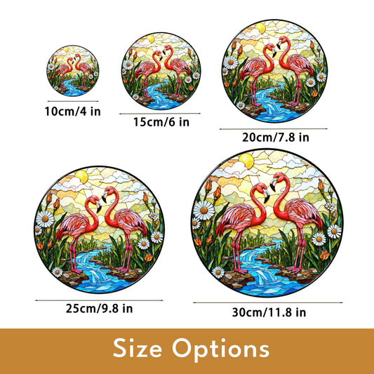 Two flamingos with tropical flowers stained glass suncatcher gift for bird lover