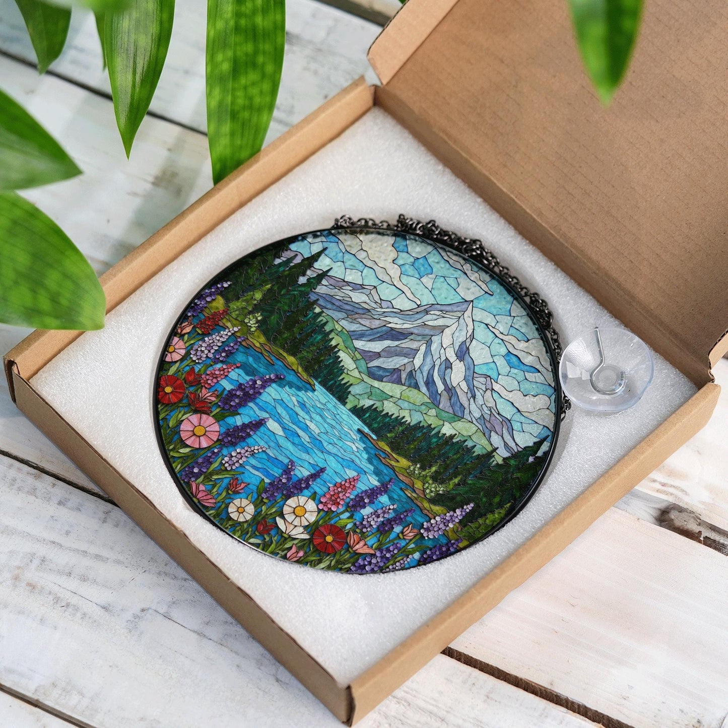Mountain Lake View Suncatcher Stained Glass Style Window Decor Gift for Nature Lovers