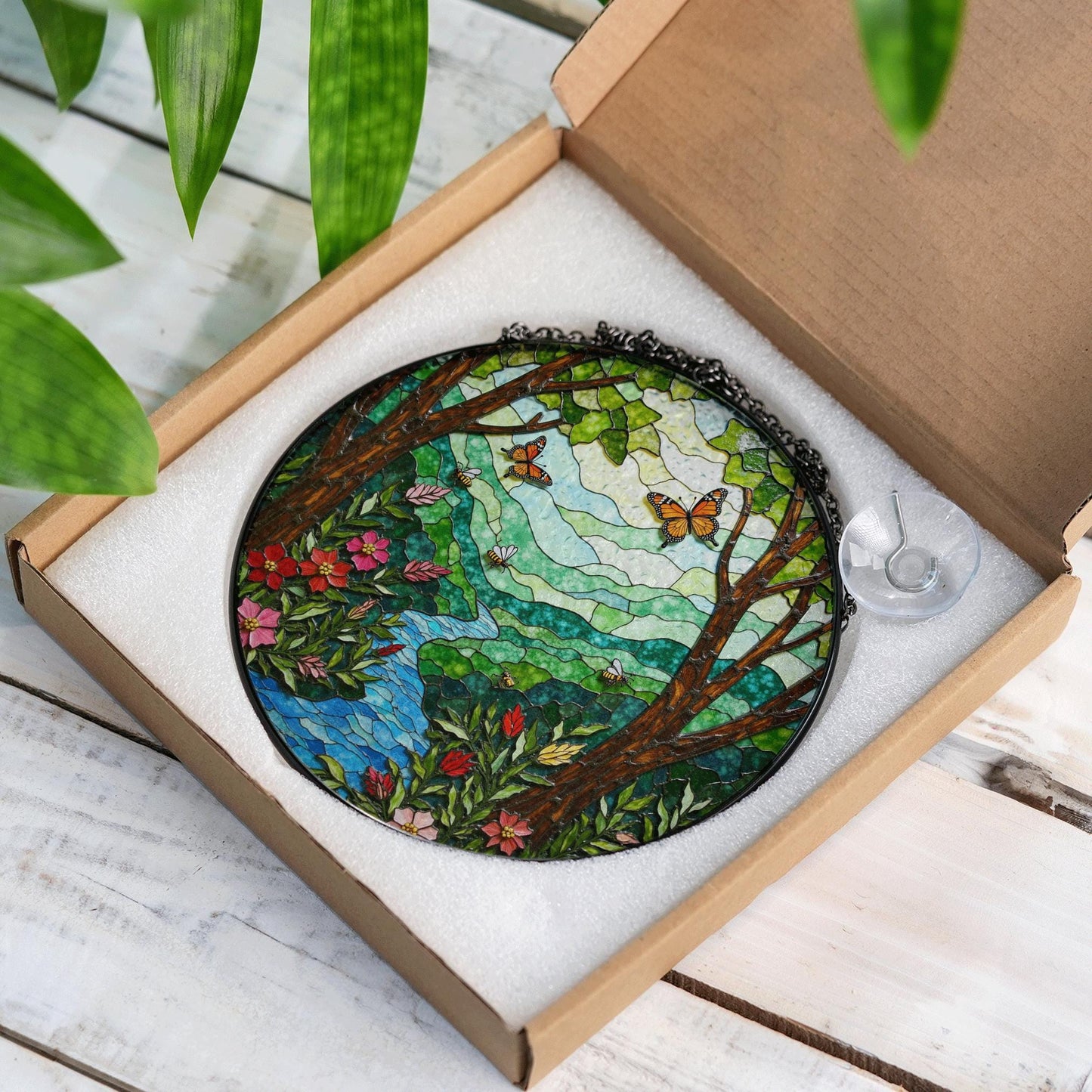 Butterfly Forest River View Nature Suncatcher Glass Window Art Gift for Nature Lovers