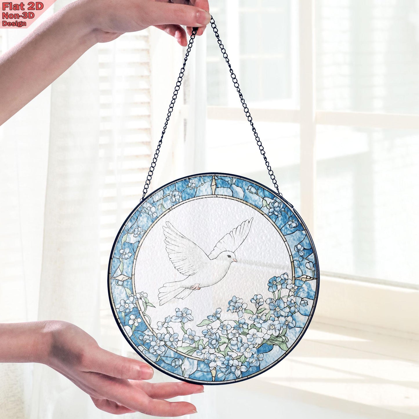 Dove and Forget Me Not Flowers Stained Glass Suncatcher, Dove and Forget Me Not Window Hanging, Elegant Home Décor, Peaceful Memorial Gift