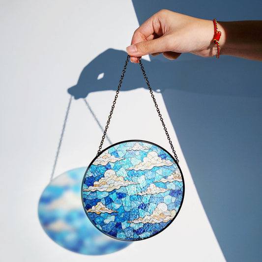 Stained blue sky cloud glass suncatcher with dreamy layers of light for window decor gift for sky lovers