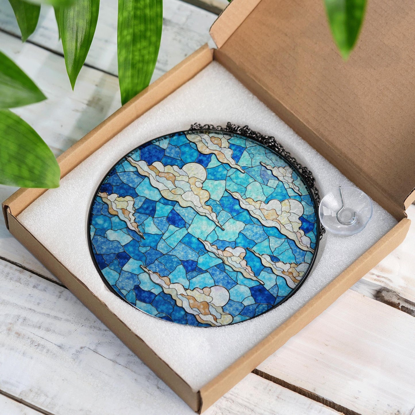 Stained blue sky cloud glass suncatcher with dreamy layers of light for window decor gift for sky lovers