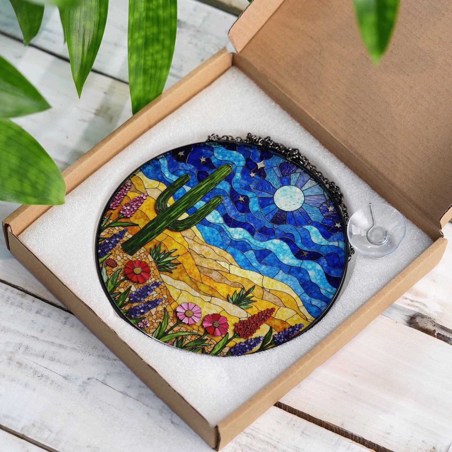 desert cactus under moon sky glass suncatcher with wildflower field boho window decor gift for nature lover