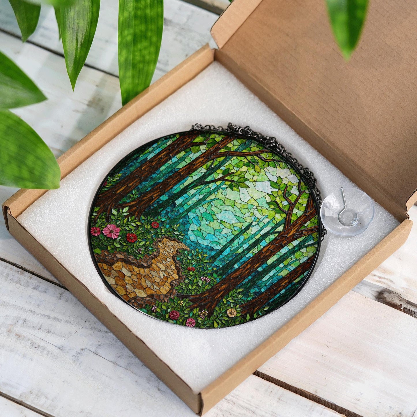 Enchanted Forest Trail Stained Glass Style Suncatcher Gift for Nature Lovers