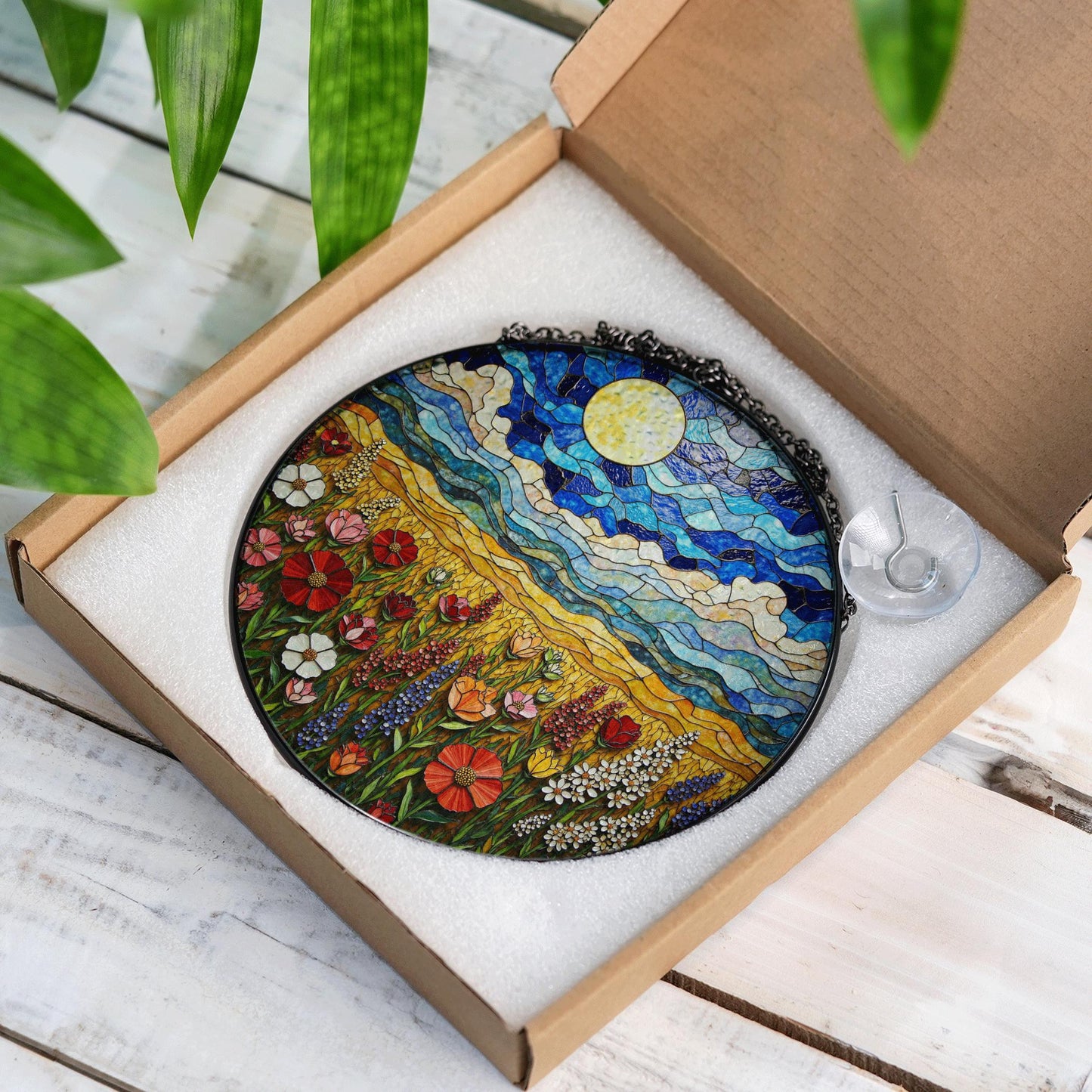 Wildflower Meadow Field Stained Glass Round Suncatcher Gift for Nature Lover Birthday Home Decor