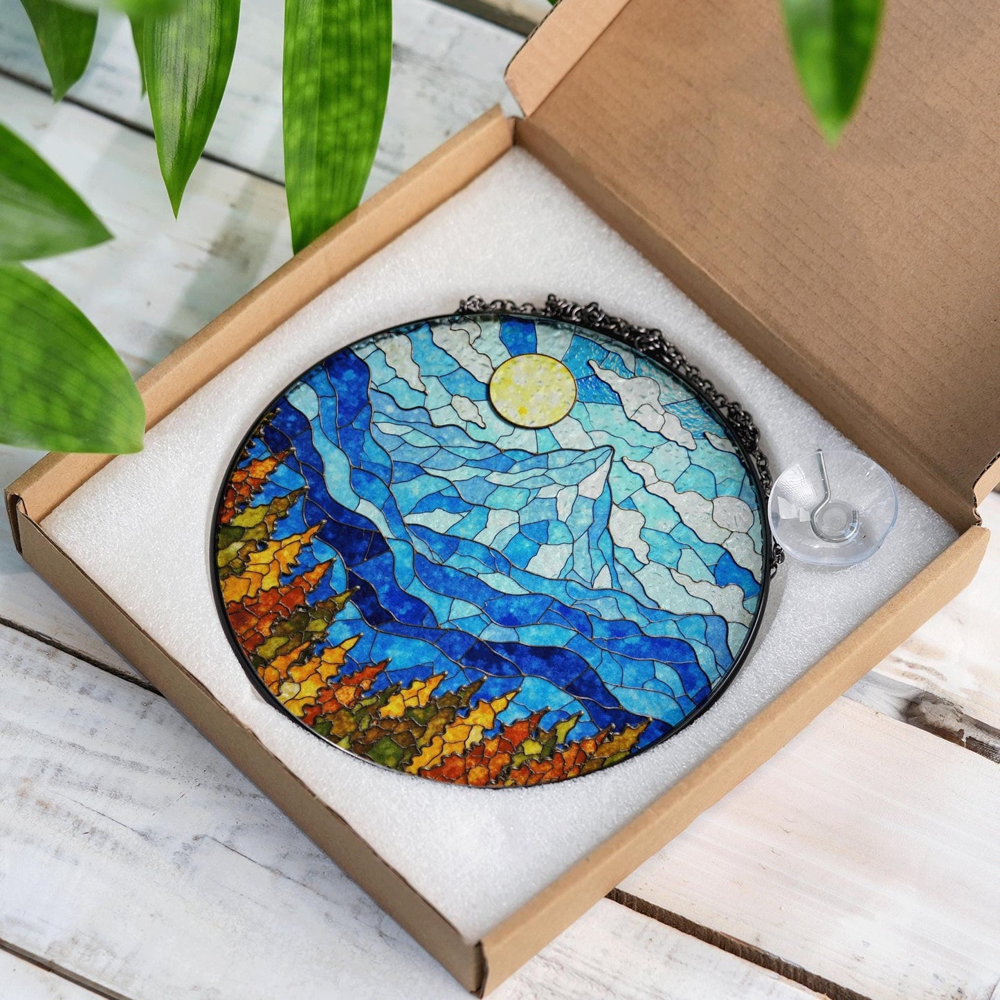Mountain Sunrise Stained Glass Suncatcher Vibrant Blue Sky Autumn Trees Handcrafted Gift for Nature Lovers