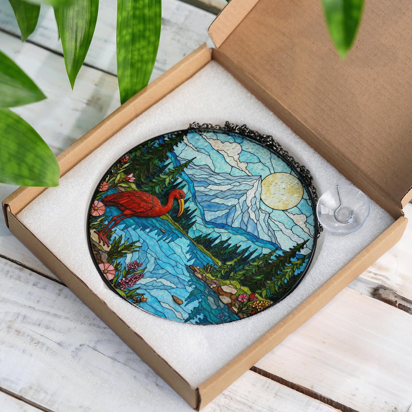 Red heron lake forest stained glass style round suncatcher nature window decor gift