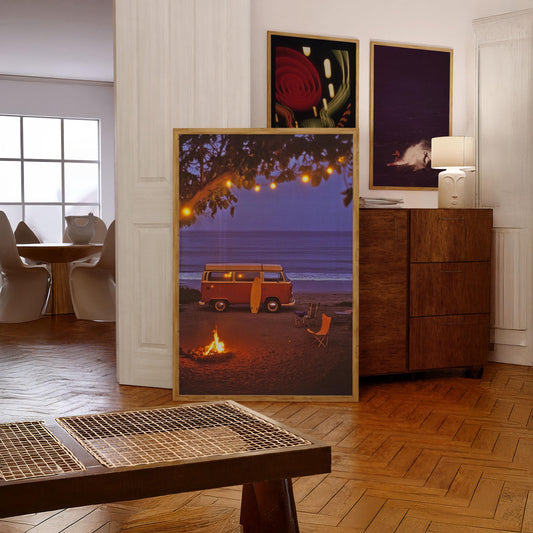 Camper Van on Beach Wall Art Fine Art Photography Surfing Poster Camping Wall Art Coastal Cowgirl Print California Coast Beachy Wall Decor