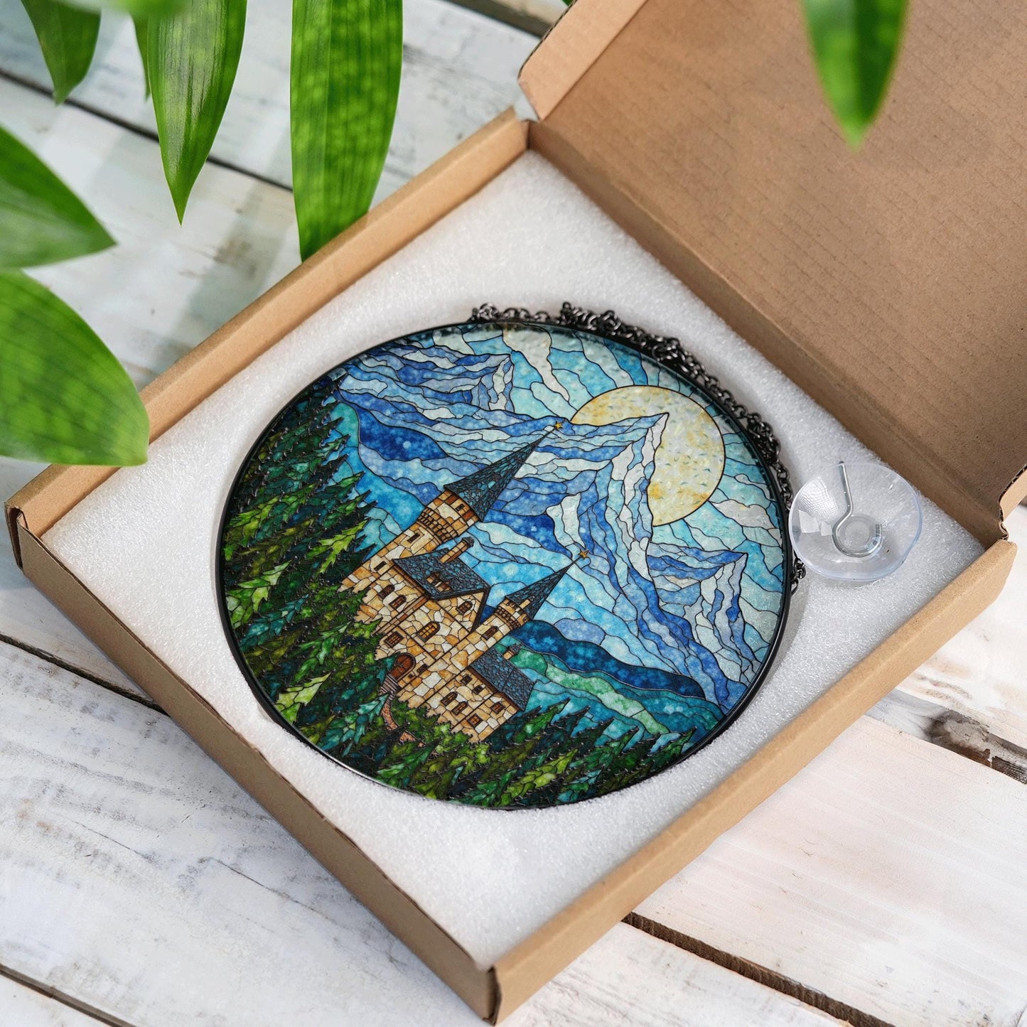 Enchanted Castle Mountain Suncatcher – Fairytale Stained Glass Window Decor – Magical Gift for Fantasy Lovers