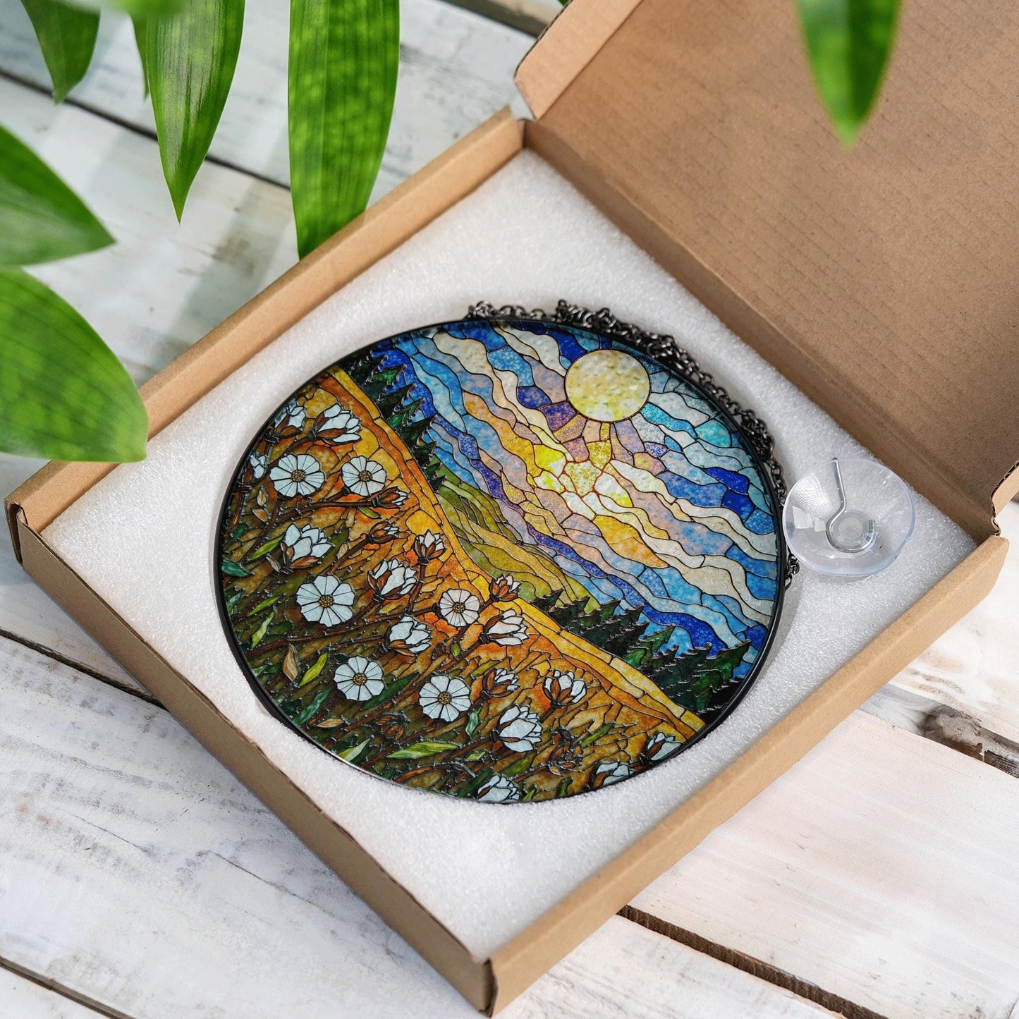 Moonlit Wildflower Meadow Stained Glass Suncatcher – Nature Scene Window Decor Gift for Garden Lovers