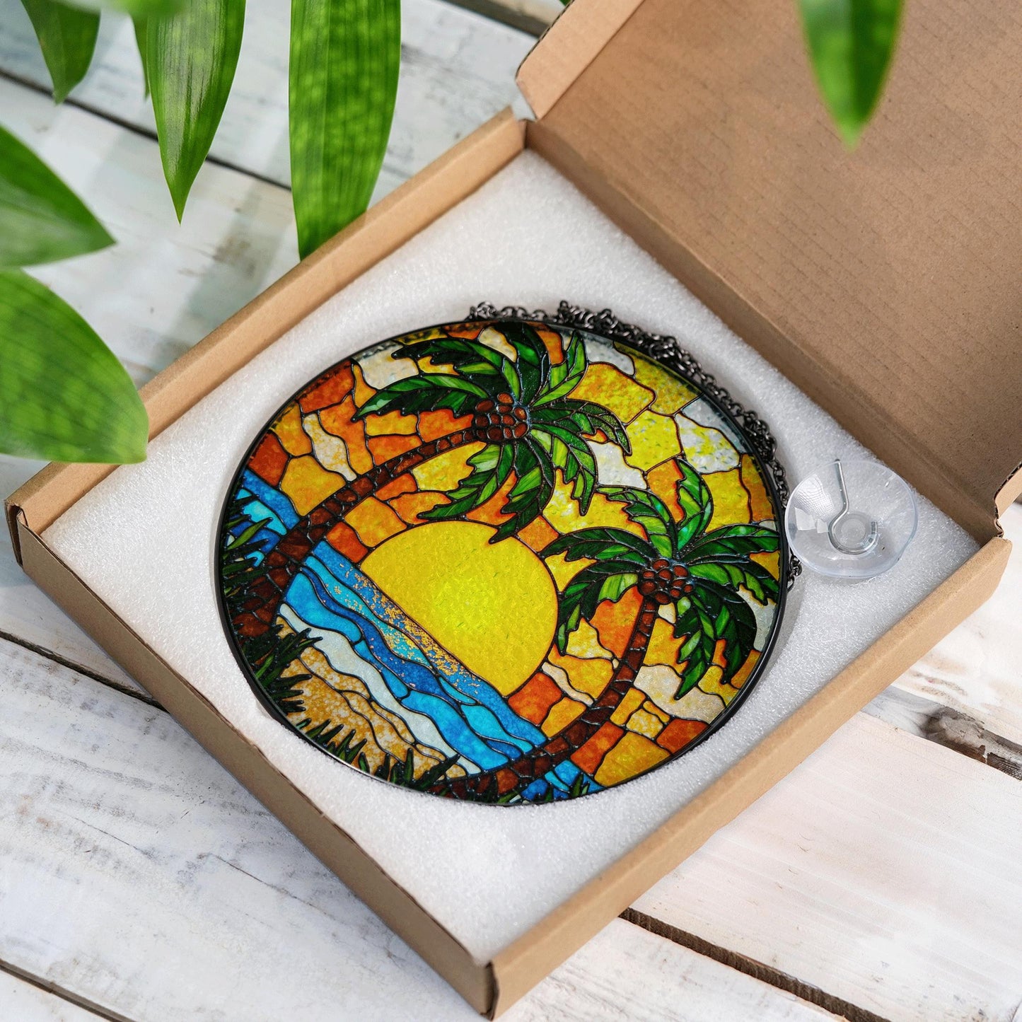 Tropical Palm Tree Suncatcher Stained Glass Sunset Beach Window Gift