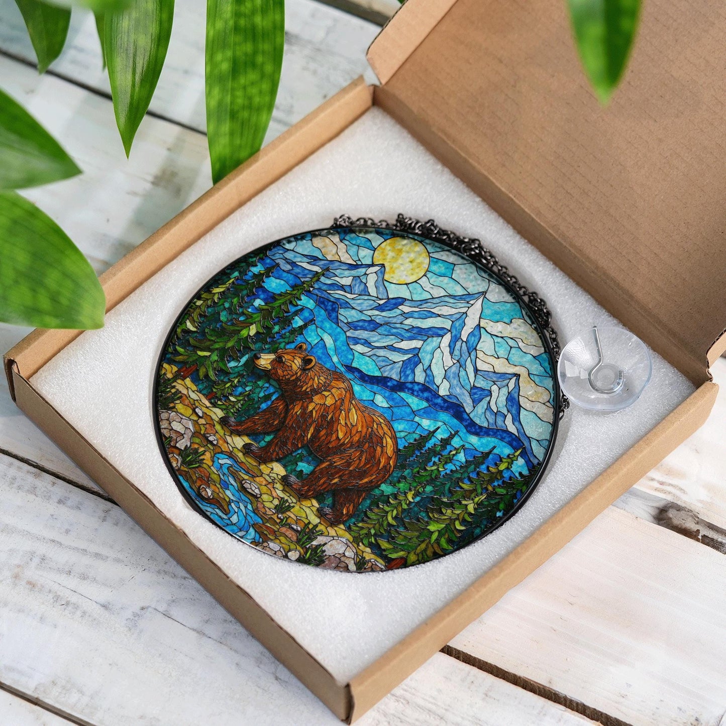 Stained Glass Bear in Mountains Suncatcher Nature Art Gift for Outdoors Lovers
