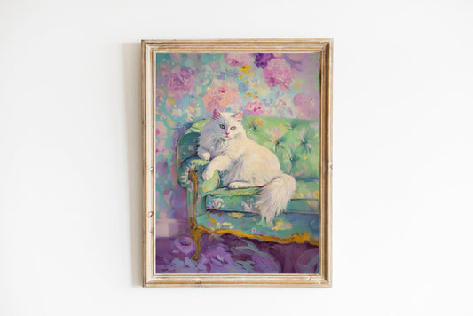 Persian Cat Art Print: Quirky Floral Wallpaper, Retro Decor
