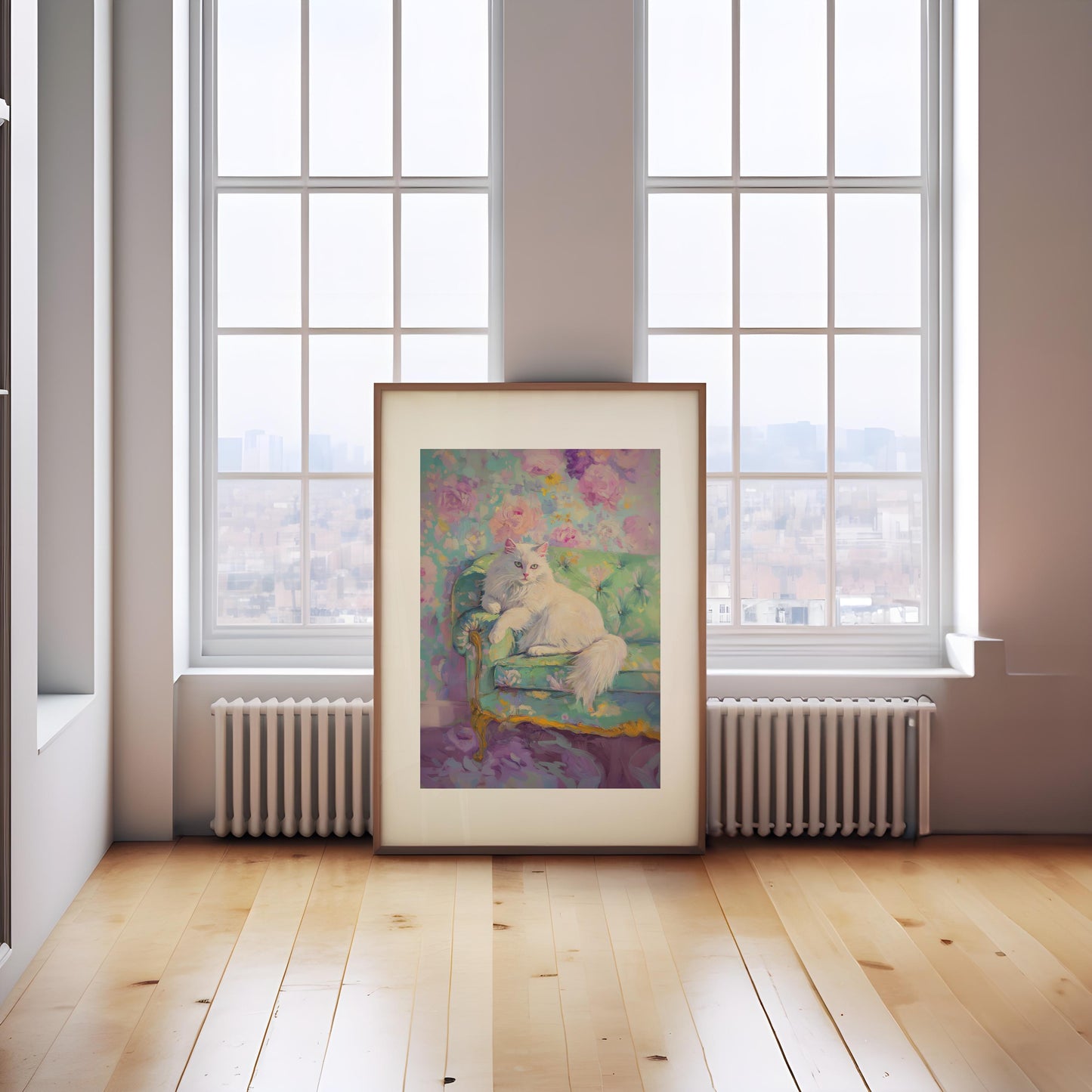 Persian Cat Art Print: Quirky Floral Wallpaper, Retro Decor
