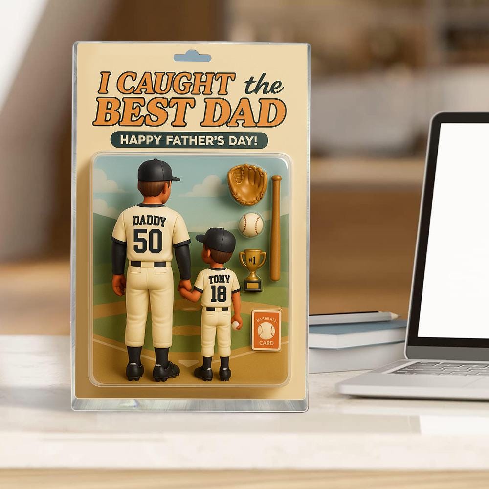 Personalized Father's Day Gift For Dad, Custom Baseball Dad Action Figure Acrylic Block, I Caught The Best Dad Block Gift, Dad And Son Gift