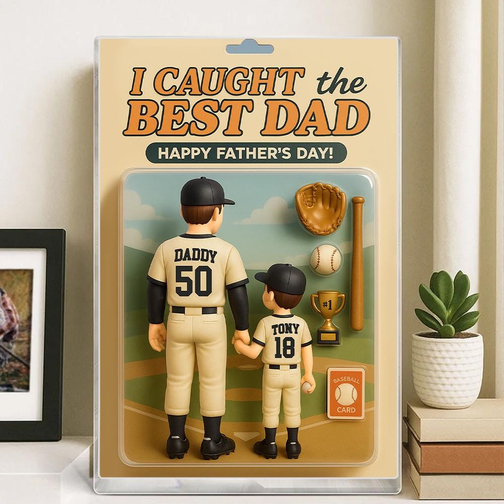 Personalized Father's Day Gift For Dad, Custom Baseball Dad Action Figure Acrylic Block, I Caught The Best Dad Block Gift, Dad And Son Gift