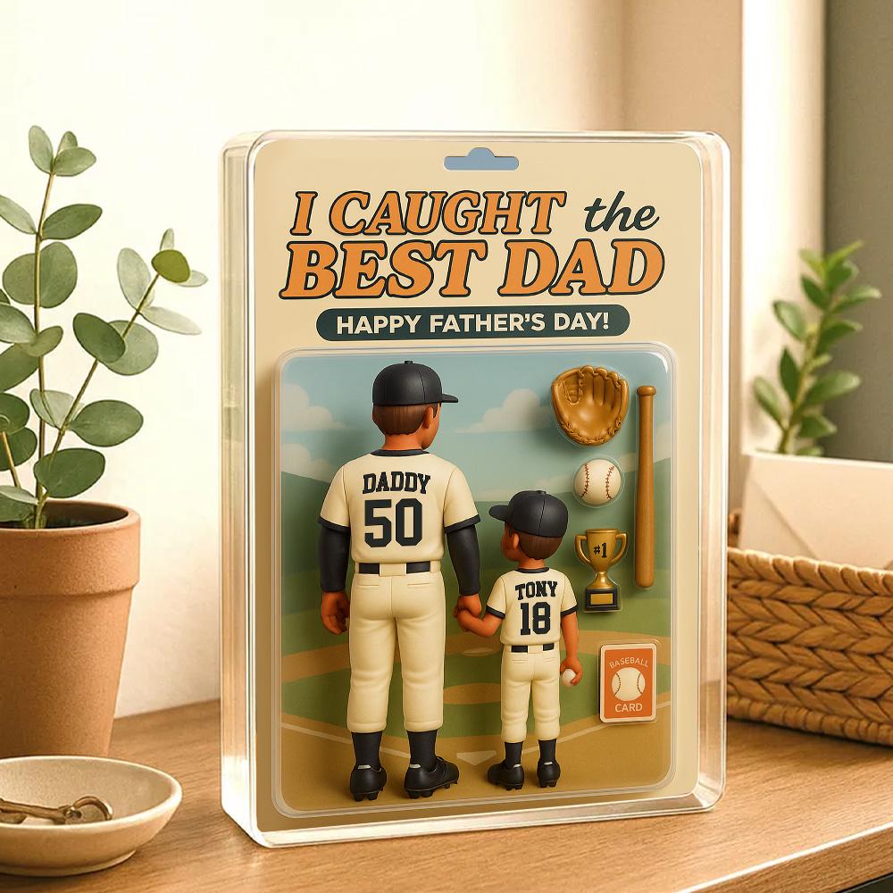 Personalized Father's Day Gift For Dad, Custom Baseball Dad Action Figure Acrylic Block, I Caught The Best Dad Block Gift, Dad And Son Gift